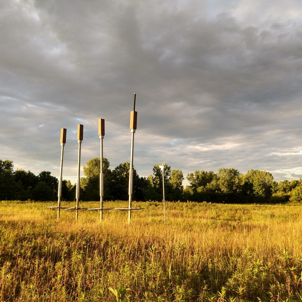 A cluster of four rocketbox style bat houses standing in a field with a weather station adjacent. 